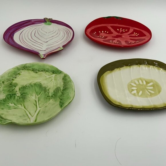 BBQ Veggies Plate Set Pickle Red Onion Lettuce Tomato Porcelain Boston 7” Decor - Picture 2 of 6